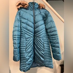 Lands End Faux Fur Hood Winter Coat Baltic Teal